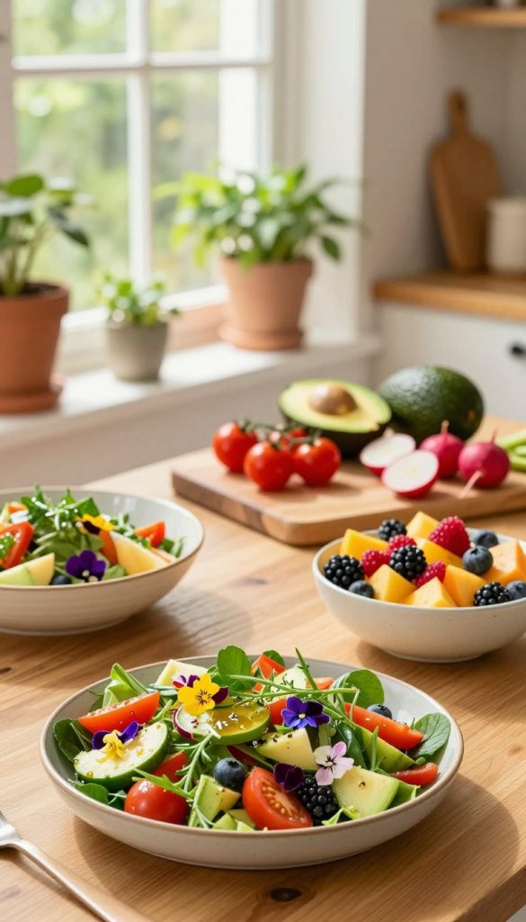 A vibrant, inviting kitchen setting showcasing a variety of quick summer dishes, elegantly presented on a wooden table. In the foreground, a fresh salad with colorful vegetables, herbs, and a light vinaigrette, garnished with edible flowers, alongside a bowl of fruit salad bursting with summer berries and tropical fruit. In the middle ground, a sunny window with lush green plants adds a touch of nature, while a stylish chopping board displays quick cooking ingredients like cherry tomatoes, avocados, and radishes. In the background, soft, warm lighting creates a cozy atmosphere, enhancing the natural colors of the food. Styled with a “KlickKiste” aesthetic, the image evokes a casual yet upscale feel, perfect for inspiring readers to whip up delicious, light summer meals in just a few minutes.