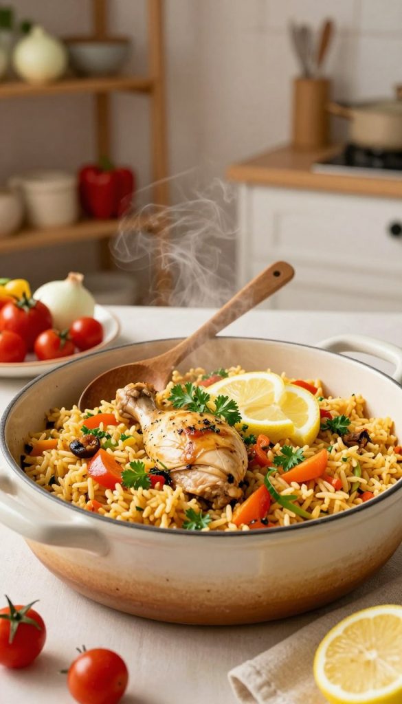 A vibrant, inviting scene showcasing a delicious one pot of rice and risotto, filled with colorful vegetables, tender chicken, and herbs, all steaming in a rustic ceramic dish. The foreground features the dish brimming with golden rice, garnished with fresh parsley and slices of lemon for a refreshing touch. In the middle ground, a wooden spoon rests beside the pot, and there are scattered ingredients like cherry tomatoes, bell peppers, and onions. The background reveals a cozy kitchen setting with warm wooden shelves and soft, ambient lighting creating a welcoming atmosphere. The image embodies a natural DIY aesthetic with warm colors, evoking a Pinterest-inspired look, perfect for family meal preparation. Capture this moment authentically and inspiringly for the brand "KlickKiste".