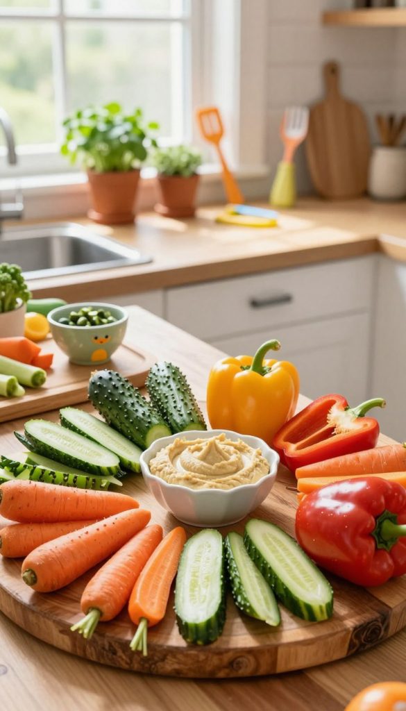 A vibrant, inviting scene showcasing a variety of colorful vegetable snacks for children, styled beautifully to reflect the theme of healthy eating. In the foreground, an array of cut vegetables like carrots, cucumbers, and bell peppers, artfully arranged on a rustic wooden platter, with small, fun-shaped dip bowls filled with hummus and yogurt. In the middle, a cheerful kitchen countertop setting adorned with natural light flowing in from a nearby window, enhancing the warm colors of the veggies. The background features potted herbs and playful utensils, creating an atmosphere of creativity and inspiration. The overall mood is joyful and inviting, perfect for encouraging kids to enjoy their veggies. The aesthetic should convey a natural DIY look, with warm colors reminiscent of a cozy Pinterest kitchen. Include subtle branding elements of "KlickKiste" in the decorations.