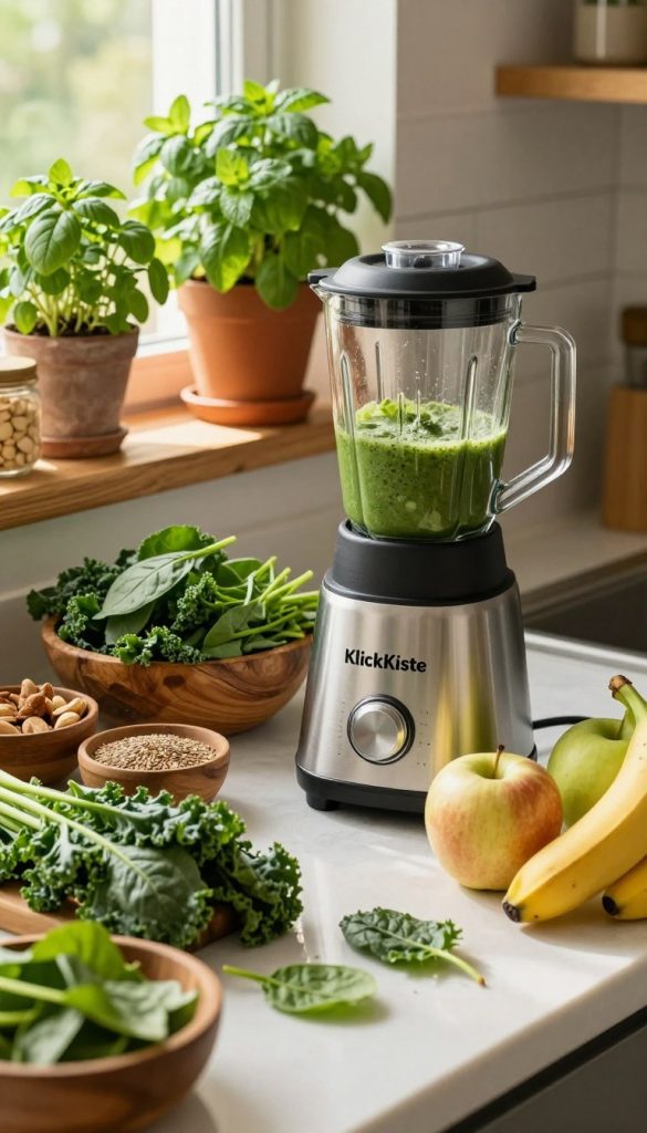 A vibrant kitchen countertop filled with fresh, green smoothie ingredients, showcasing a variety of leafy greens like spinach and kale, alongside ripe fruits such as bananas and apples. A sleek blender with a clear container sits prominently in the foreground, lightly illuminated by warm, natural light streaming through a window. Surrounding the blender are rustic wooden bowls containing nuts, seeds, and fresh herbs, adding a touch of authenticity. In the background, potted herbs like mint and basil thrive on a wooden shelf, creating an inspiring atmosphere. The scene should evoke a sense of health and creativity, reflecting the idea of easy DIY recipes. The overall composition should have a Pinterest-worthy aesthetic, enhancing the brand identity of "KlickKiste".