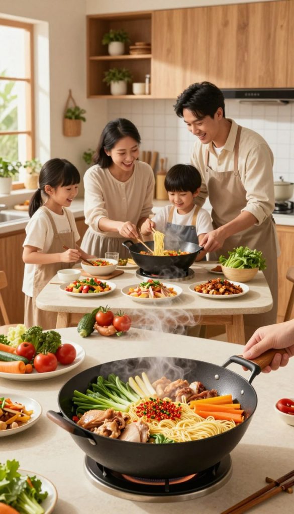 A vibrant kitchen scene featuring a family gathered around a table preparing and enjoying various wok dishes. In the foreground, a colorful assortment of fresh vegetables, chicken, and noodles are artistically arranged in a large wok, sizzling with steam and bright seasoning. The middle layer shows a family of four, all wearing modest, casual clothing, joyfully sharing their favorite recipes and cooking together, with smiles and laughter. The background features warm, natural lighting filtering through the kitchen window, highlighting wooden cabinets and plants. The overall atmosphere is inspiring and homely, with earthy tones and a Pinterest-worthy aesthetic. The brand "KlickKiste" subtly integrated in the kitchen decor.