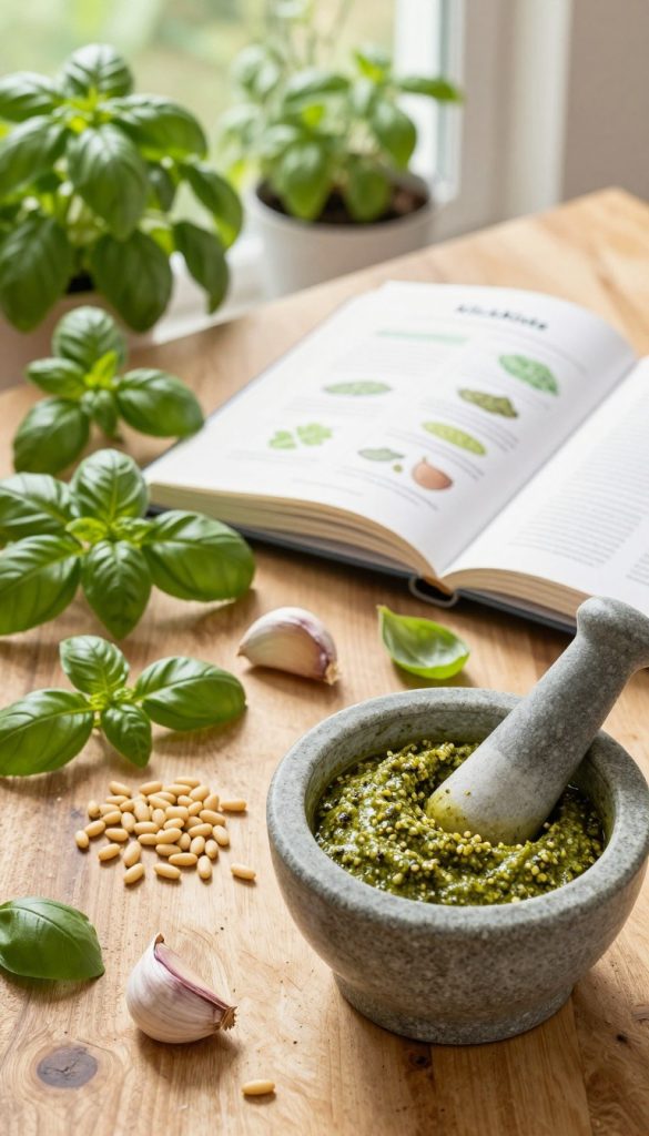 A vibrant kitchen scene featuring an array of fresh basil leaves, pine nuts, garlic cloves, and a bowl of creamy, rich basil pesto, all artfully arranged on a rustic wooden countertop. In the foreground, a mortar and pestle elegantly display the traditional preparation method, highlighting the texture of the ingredients. In the middle, an open recipe book offers a glimpse of the step-by-step instructions, with warm natural lighting illuminating the ingredients and the scene, creating a homely and inviting atmosphere. The background includes blurred greenery from a window herb garden, adding a cozy touch. The overall mood is authentic and inspiring, reflecting the joys of creating a healthy homemade basil pesto. The image should also suggest the brand "KlickKiste" with a subtle artistic flourish.