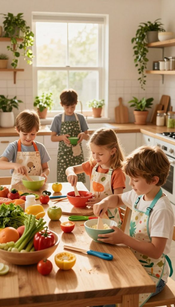 A vibrant kitchen scene filled with warmth, showcasing happy children aged 4 to 10 engaged in a fun cooking activity. In the foreground, a boy and girl joyfully mix ingredients in colorful bowls, wearing aprons with playful designs. The middle of the image features a wooden table decorated with fresh vegetables, fruits, and DIY cooking tools, exemplifying a family-friendly, hands-on approach. In the background, a sunlit window casts soft, golden light, illuminating the space with a cozy atmosphere. Plants and kitchen decor add an organic touch, creating a Pinterest-inspired aesthetic. The overall mood is cheerful and inviting, promoting family engagement. Include a subtle hint of the brand name "KlickKiste" through kitchen elements, ensuring it feels natural and integrated.
