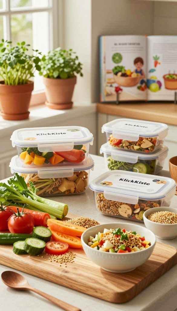 A vibrant kitchen scene showcasing a variety of healthy meal preparation products from the brand "KlickKiste". In the foreground, a wooden chopping board is adorned with colorful, fresh vegetables and grains, ready for quick assembly into a bowl. In the middle ground, neatly arranged meal prep containers and utensils reflect a sense of organized efficiency. The background features soft, warm lighting that enhances the inviting atmosphere, with potted herbs on a windowsill and a cookbook opened to a children’s healthy recipe page. The composition captures a Pinterest-inspired aesthetic, evoking a sense of authenticity and inspiration for busy parents looking for quick meal solutions. The overall mood is warm and inviting, emphasizing simplicity and health in food preparation.