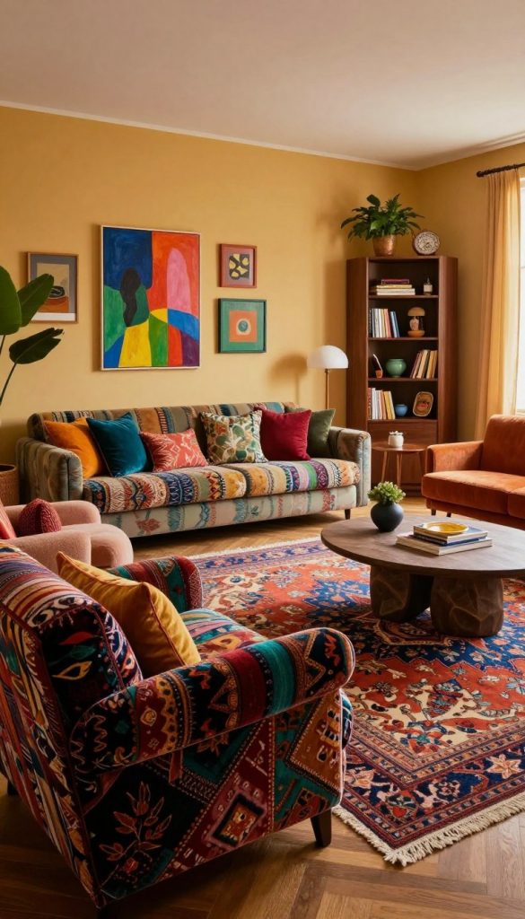 A vibrant maximalist interior design for 2025, showcasing a harmonious blend of bold patterns, rich textures, and eclectic furnishings. In the foreground, a plush, patterned armchair in deep jewel tones adorned with layered cushions. The middle ground features a large area rug with intricate designs, surrounded by a mix of modern and vintage furniture pieces, such as a sculptural coffee table and a striking bookshelf filled with diverse decor items. The background reveals a wall painted in a warm, inviting hue, adorned with an art gallery of colorful paintings and plants. Soft, ambient lighting casts a cozy glow, enhancing the inviting atmosphere. Capture this scene with a wide-angle lens to emphasize the spaciousness and layered depth, embodying the essence of natural DIY aesthetics in a warm, Pinterest-inspired style. Include elements suggesting the brand “KlickKiste” subtly integrated into the design.