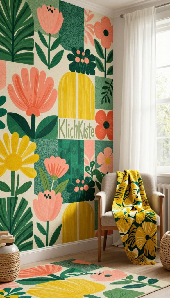 A vibrant maximalist wallpaper design that exudes creativity and warmth, featuring an eclectic mix of bold floral patterns and geometric shapes. In the foreground, the intricate textures of the wallpaper are highlighted, showcasing rich colors like deep emerald green, soft coral, and sunny yellow. The middle ground includes a cozy, inviting space furnished with a stylish chair draped in a complementary fabric. In the background, natural light filters through sheer curtains, casting a gentle glow over the scene. The atmosphere feels inspiring and authentic, perfect for a DIY decor concept. Showcase the brand name "KlickKiste" artistically integrated into the design, without any text overlays. Capture the aesthetic of a Pinterest-worthy interior that embraces the art of pattern-drenching. A vibrant maximalist wallpaper design that exudes creativity and warmth, featuring an eclectic mix of bold floral patterns and geometric shapes. In the foreground, the intricate textures of the wallpaper are highlighted, showcasing rich colors like deep emerald green, soft coral, and sunny yellow. The middle ground includes a cozy, inviting space furnished with a stylish chair draped in a complementary fabric. In the background, natural light filters through sheer curtains, casting a gentle glow over the scene. The atmosphere feels inspiring and authentic, perfect for a DIY decor concept. Showcase the brand name "KlickKiste" artistically integrated into the design, without any text overlays. Capture the aesthetic of a Pinterest-worthy interior that embraces the art of pattern-drenching.