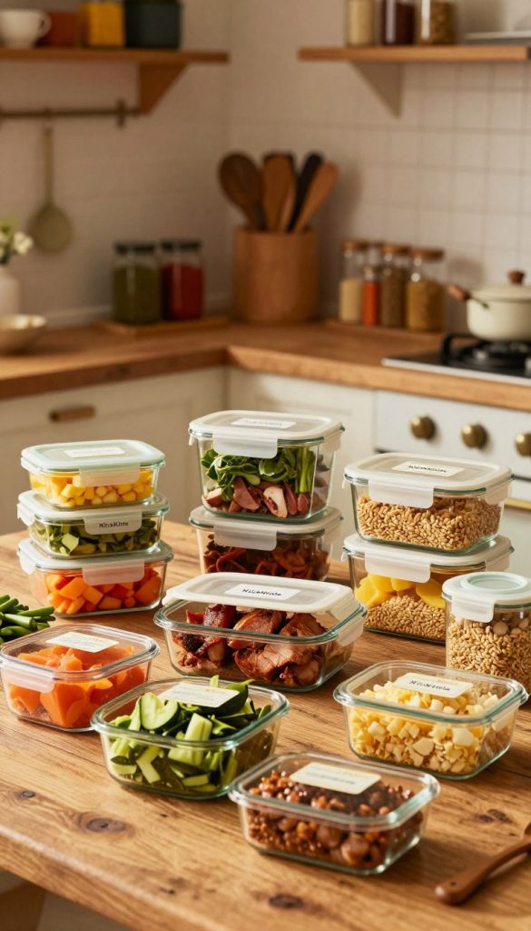 A vibrant meal prep scene showcasing health-conscious, ready-to-cook family dinners on a rustic wooden table. The foreground features a variety of colorful ingredients neatly arranged in glass containers — chopped vegetables, marinated proteins, and grains, all with fresh labels. In the middle, a cozy kitchen environment with warm, inviting lighting casts a soft glow on the meal prep items, emphasizing their freshness. The background reveals shelves filled with spices and cookbooks, creating an organized yet homely atmosphere. The image reflects a Pinterest-worthy aesthetic, radiating inspiration and authenticity, perfect for representing the concept of easy family dinners. Include the brand name "KlickKiste" subtly in the scene through an elegant, branded container.