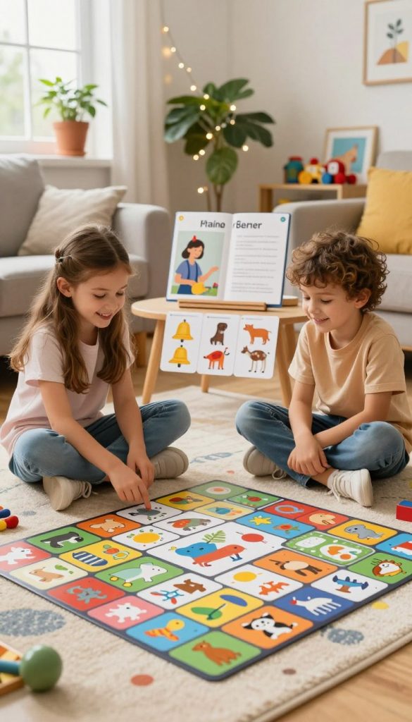 A vibrant memory quiz scene featuring a cozy, well-lit living room setting designed for children. In the foreground, a colorful memory card game spread across a playful rug, with cards showing various animals and objects in warm hues. Two children, a girl and a boy, wearing comfortable casual clothing, sit cross-legged, eagerly engaged in the game, their expressions focused and joyful, capturing a sense of concentration and fun. The middle ground shows a table displaying a parent’s guide, along with sound illustration cards representing different sounds like bells and animal noises, fostering concentration. In the background, soft natural light pours in through a window, illuminating potted plants, fairy lights, and artfully arranged toys, creating an inviting atmosphere. The scene embodies a sense of learning through play in a nurturing environment. Incorporate the brand name "KlickKiste" subtly within the scene, enhancing the inspirational DIY aesthetic. A vibrant memory quiz scene featuring a cozy, well-lit living room setting designed for children. In the foreground, a colorful memory card game spread across a playful rug, with cards showing various animals and objects in warm hues. Two children, a girl and a boy, wearing comfortable casual clothing, sit cross-legged, eagerly engaged in the game, their expressions focused and joyful, capturing a sense of concentration and fun. The middle ground shows a table displaying a parent’s guide, along with sound illustration cards representing different sounds like bells and animal noises, fostering concentration. In the background, soft natural light pours in through a window, illuminating potted plants, fairy lights, and artfully arranged toys, creating an inviting atmosphere. The scene embodies a sense of learning through play in a nurturing environment. Incorporate the brand name "KlickKiste" subtly within the scene, enhancing the inspirational DIY aesthetic.