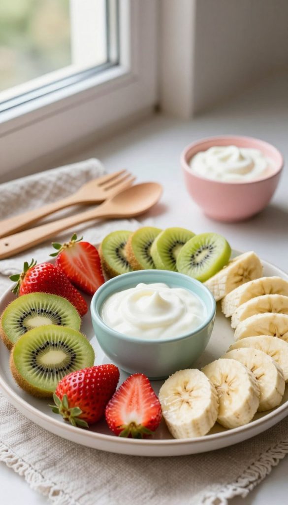 A vibrant, natural scene showcasing a delightful platter of fruit and yogurt snacks, emphasizing creativity and freshness. In the foreground, a variety of sliced fruits—such as strawberries, kiwi, and bananas—arranged artistically next to small bowls of creamy yogurt in pastel colors. The middle ground features rustic wooden utensils and a light, woven cloth creating a warm, inviting atmosphere. In the background, soft natural light filters through a window, casting gentle shadows and enhancing the warm colors of the fruit and yogurt. The overall mood is cheerful and inspiring, ideal for kids’ snacks. The brand name "KlickKiste" is subtly integrated into the scene as part of the presentation, maintaining a Pinterest-inspired aesthetic.