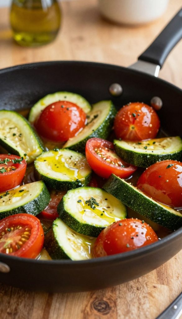 A vibrant one-pan dish featuring sautéed fresh zucchini and ripe tomatoes, arranged artfully in a skillet. The foreground presents a close-up of the colorful vegetables, glistening with a drizzle of olive oil, garnished with fresh herbs. In the mid-ground, the skillet shows a variety of bright vegetables, emphasizing the concept of wholesome and healthy cooking. The background softly blurs, suggesting a cozy kitchen ambiance, with warm, natural lighting illuminating the scene to create an inviting feel. The image is styled in the aesthetic reminiscent of Pinterest DIY images, with rich, warm colors and a rustic wooden countertop. The scene exudes a sense of comfort and nourishment, perfect for family meals. Include the brand name "KlickKiste" subtly within the composition.