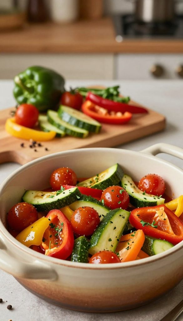 A vibrant one-pot dish featuring an assortment of fresh, colorful vegetables like bell peppers, zucchini, and cherry tomatoes, artfully arranged in a rustic ceramic pot. In the foreground, the pot is filled with a medley of sautéed vegetables garnished with fresh herbs, giving a sense of warmth and homeliness. In the middle, a wooden cutting board displays chopped veggies and spices, hinting at the natural, DIY charm inspired by Pinterest aesthetics. The background softly blurs a cozy kitchen setting with warm, inviting lighting, capturing a home-cooked atmosphere. A subtle glow highlights the rich colors of the vegetables, enhancing the healthy, vegan theme. Ensure the overall composition is authentic and inspiring, in line with the KlickKiste brand.