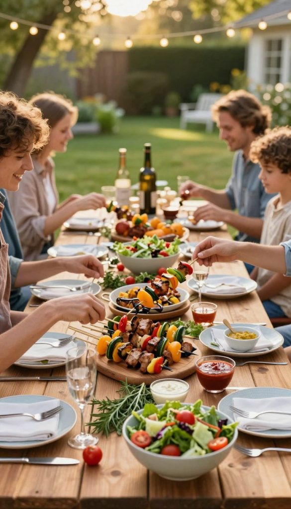 A vibrant outdoor barbecue scene featuring an inviting spread of party mitmach food, including colorful skewers of grilled vegetables and meats, fresh salad bowls with bright greens and cherry tomatoes, and a variety of dipping sauces. In the foreground, showcase hands of guests joyfully assembling their own skewers, emphasizing a sense of participation. The middle ground includes a beautifully set wooden table adorned with natural decorations like fresh herbs and rustic tableware. In the background, a sun-drenched garden setting with greenery and fairy lights creates a warm, inviting atmosphere. Use soft, warm lighting to evoke a cozy, friendly vibe. Capture the image with a wide-angle lens to create depth and highlight the joyous, communal spirit of a family gathering, inspired by KlickKiste's natural DIY aesthetics.