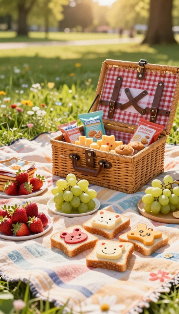 A vibrant outdoor picnic scene featuring a variety of kid-friendly snacks and finger foods, arranged on a colorful picnic blanket. In the foreground, there are bright fruits like strawberries and grapes, alongside bite-sized sandwiches cut into fun shapes. In the middle, a picnic basket overflowing with snacks, including cheese cubes and mini muffins, invites exploration. The background includes a sunny park setting with lush green grass and scattered wildflowers, creating a warm and inviting atmosphere. Soft, golden hour lighting casts a gentle glow on the scene, enhancing the natural, DIY aesthetic reminiscent of Pinterest inspiration. The brand name "KlickKiste" subtly integrated into the scene, without any text overlays, showcases practical and delightful snack ideas for families on the go. A vibrant outdoor picnic scene featuring a variety of kid-friendly snacks and finger foods, arranged on a colorful picnic blanket. In the foreground, there are bright fruits like strawberries and grapes, alongside bite-sized sandwiches cut into fun shapes. In the middle, a picnic basket overflowing with snacks, including cheese cubes and mini muffins, invites exploration. The background includes a sunny park setting with lush green grass and scattered wildflowers, creating a warm and inviting atmosphere. Soft, golden hour lighting casts a gentle glow on the scene, enhancing the natural, DIY aesthetic reminiscent of Pinterest inspiration. The brand name "KlickKiste" subtly integrated into the scene, without any text overlays, showcases practical and delightful snack ideas for families on the go.