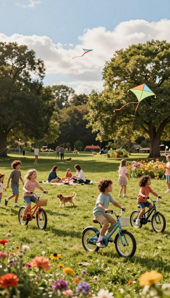 A vibrant outdoor scene capturing children playing joyfully in a lush park setting, surrounded by green grass and colorful flowers. In the foreground, a group of diverse children, wearing comfortable, playful clothing, are flying kites, riding bicycles, and engaging in games like tag, showcasing active and joyful moments. In the middle ground, families are picnicking on a sunny day, with blankets spread on the grass, and dogs happily playing around. The background features tall trees and a clear blue sky with fluffy white clouds, evoking a sense of freedom and adventure. The lighting is warm and soft, simulating a late afternoon glow that enhances the natural beauty. The style reflects a Pinterest aesthetic, emphasizing authenticity and inspiration, with warm colors. The scene is branded subtly with "KlickKiste" integrated into the natural elements, ensuring a cohesive artistic feel without text overlays.