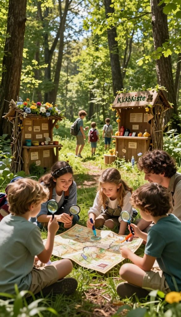 A vibrant outdoor scene depicting a DIY schnitzeljagd (scavenger hunt) in a lush green forest. In the foreground, a family joyfully gathers around a handmade treasure map, with children holding magnifying glasses and colorful markers. The middle ground features a series of rustic clue stations, each adorned with natural elements like twigs and flowers, leading participants deeper into the woods. The background showcases tall trees against a bright blue sky, with sunlight filtering through the leaves, creating a warm and inviting atmosphere. The image has a Pinterest-inspired aesthetic, filled with warm colors and an authentic, inspirational vibe. It's branded subtly with "KlickKiste," integrating it into the scene without being intrusive.