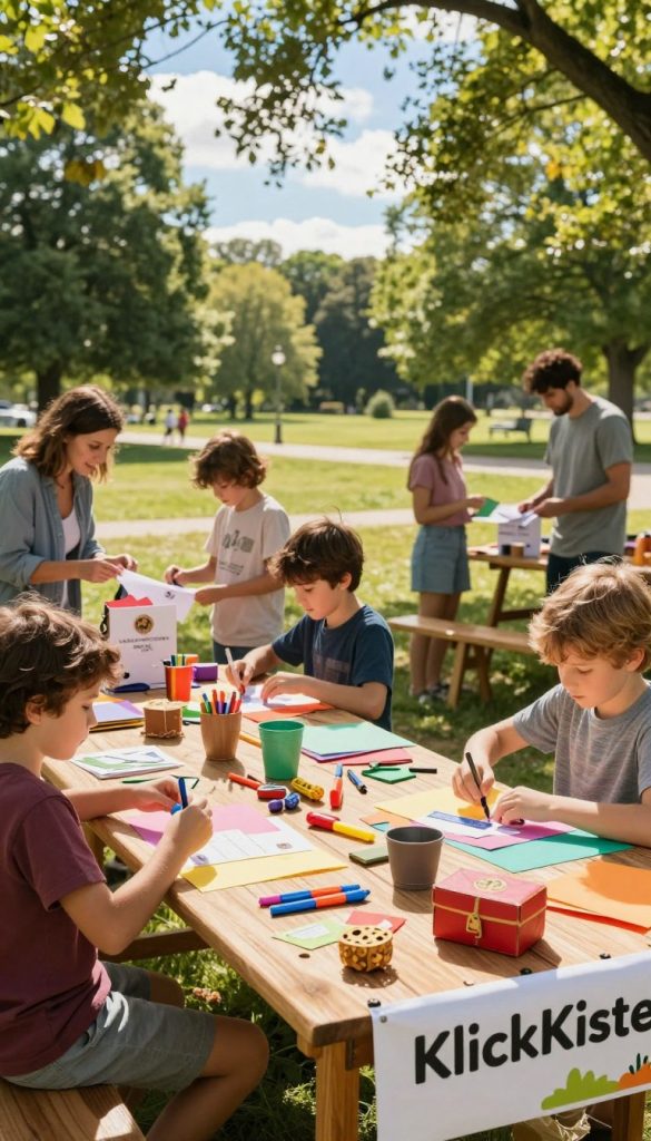 A vibrant outdoor scene depicting a creative DIY scavenger hunt station, designed for family fun. In the foreground, a wooden table displays colorful crafting materials like colored paper, markers, and small treasure items, inviting children to engage in activity. In the middle ground, families are joyously participating, wearing modest casual clothing, as they solve clues and assemble their stations, creating a lively atmosphere. The background showcases a lush park landscape with trees and a bright blue sky, allowing sunlight to filter through, casting warm, inviting light on the scene. The overall mood is playful and inspiring, embodying an adventurous spirit. The style embraces a natural, Pinterest-inspired aesthetic, enhanced by warm colors. Prominently feature "KlickKiste" branding through an element in the scene, like a banner or logo on the table.