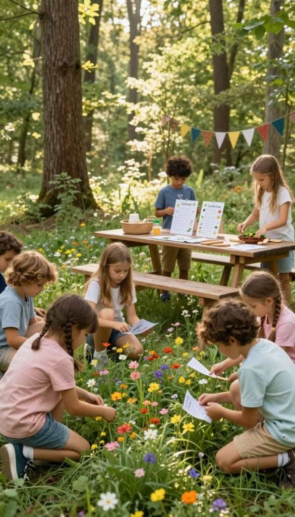 A vibrant outdoor scene depicting a nature scavenger hunt designed for kinder, filled with children aged 5-7 in modest casual clothing, eagerly exploring a lush forest. In the foreground, a diverse group of children kneels by a colorful wildflower patch, examining their findings, capturing the spirit of discovery. The middle ground features a picnic area with a wooden table, where hand-drawn scavenger hunt lists and DIY nature tools are scattered. The background showcases tall trees and soft sunlight filtering through the leaves, creating a warm, inviting atmosphere. The image embodies a Pinterest-inspired aesthetic, reflecting authenticity and inspiration. Ensure the brand name "KlickKiste" is subtly represented in elements like decorations or picnic items, enhancing the overall theme.