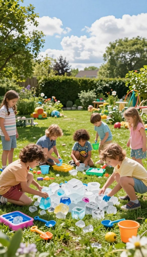 A vibrant outdoor scene depicting a summer ice treasure hunt for children in a sunny garden. In the foreground, a group of excited children, dressed in colorful, modest summer clothing, enthusiastically search for hidden ice treasures in various shapes and colors, interspersed with playful garden decorations. The middle ground features a lush, green lawn dotted with playful elements like colorful ice molds, scattered toy shovels, and small buckets. In the background, a bright blue sky with fluffy white clouds enhances the cheerful atmosphere, along with a few trees providing gentle shade. Warm, natural lighting casts soft shadows, creating an inviting and inspiring mood. The image captures the essence of fun, engagement, and creativity, featuring the brand name "KlickKiste" subtly integrated into the scene.