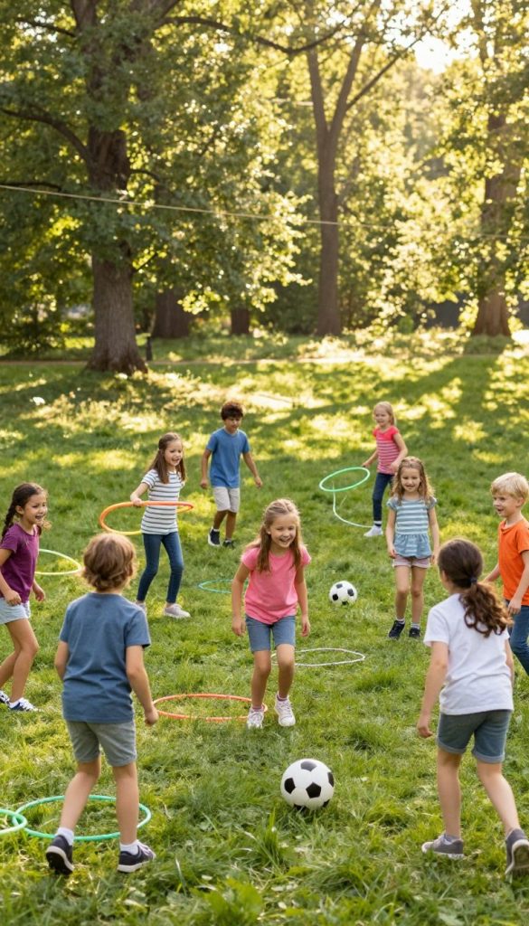 A vibrant outdoor scene depicting children actively engaged in playful movement games on a lush green meadow and forest floor. In the foreground, a diverse group of kids aged 5-10 years, dressed in colorful, modest casual clothing, are playing tag and laughing. The middle ground features a variety of fun outdoor accessories like hula hoops, jump ropes, and a soccer ball scattered around, encouraging playful interaction. The background showcases towering trees bathed in warm sunlight, with dappled light filtering through the leaves, creating an inviting, cheerful atmosphere. The image should evoke a sense of joy, energy, and the essence of springtime outdoor play, with a Pinterest-style aesthetic that feels natural and inspiring. Include subtle branding elements reminiscent of "KlickKiste" in a tasteful manner.