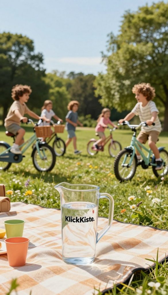 A vibrant outdoor scene depicting children joyfully engaging in physical activities, surrounded by nature. In the foreground, a refreshing pitcher of water sits on a picnic blanket, with colorful cups nearby, emphasizing hydration. Children, dressed in modest casual clothing, are playing tag and riding bicycles, radiating energy and happiness. The middle ground features a green park with trees and flowers, fostering an inviting atmosphere. In the background, a clear blue sky bathes the scene in warm sunlight, enhancing the cheerful mood. The image has a natural DIY aesthetic with soft, warm colors reminiscent of Pinterest inspiration, spotlighting the brand “KlickKiste.” The angle captures the dynamic movement of the kids while keeping the water and picnic setup in focus, promoting a healthy, active lifestyle.