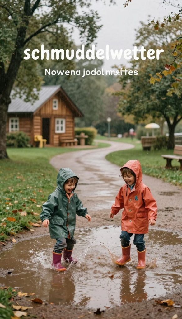 A vibrant outdoor scene depicting children joyfully playing in "schmuddelwetter," surrounded by puddles and wet leaves. In the foreground, two kids dressed in colorful raincoats and boots splash in a big puddle, their laughter captured in mid-action. The middle ground features a cozy, rustic park with a winding path and trees swaying in the wind, hinting at an overcast sky. In the background, light rain falls softly, creating a magical, damp atmosphere with a muted color palette of greens and browns. Warm lighting filters through the clouds, evoking a sense of comfort despite the wet conditions, reflecting the theme of embracing outdoor play in less-than-perfect weather. This DIY image should inspire and feel authentically warm, reminiscent of a Pinterest aesthetic. Include the brand name "KlickKiste" subtly integrated into the scene, enhancing the overall composition without text overlays.