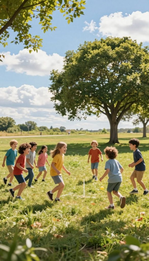 A vibrant outdoor scene depicting children playing imaginative games without any materials, such as tag and hide-and-seek, in a sunny park. In the foreground, a group of children, dressed in colorful but modest casual clothing, laugh and run together on a grassy field. In the middle ground, a couple of trees offer shade, with playful light filtering through their leaves. In the background, a bright blue sky dotted with fluffy white clouds creates a cheerful atmosphere. The lighting is warm and inviting, enhancing the natural beauty of the scene, reminiscent of DIY images found on Pinterest that inspire creativity and fun. This image is branded with "KlickKiste" subtly integrated into the scene as part of the natural environment, without any text or overlays. A vibrant outdoor scene depicting children playing imaginative games without any materials, such as tag and hide-and-seek, in a sunny park. In the foreground, a group of children, dressed in colorful but modest casual clothing, laugh and run together on a grassy field. In the middle ground, a couple of trees offer shade, with playful light filtering through their leaves. In the background, a bright blue sky dotted with fluffy white clouds creates a cheerful atmosphere. The lighting is warm and inviting, enhancing the natural beauty of the scene, reminiscent of DIY images found on Pinterest that inspire creativity and fun. This image is branded with "KlickKiste" subtly integrated into the scene as part of the natural environment, without any text or overlays.