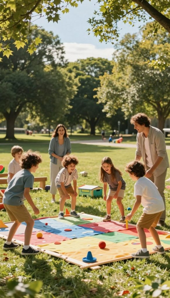 A vibrant outdoor scene showcasing a joyful family engaged in a fun outdoor game, embodying a warm and inviting atmosphere. In the foreground, children are laughing and playing with a colorful DIY outdoor game setup made from natural materials, like wood and fabric. The middle ground features parents helping to organize and manage the activity, dressed in modest casual clothing, ensuring a sense of harmony and ease. The background consists of a lush, green park with trees and a bright blue sky, enhancing the cheerful mood. Soft, golden sunlight filters through the leaves, casting gentle shadows on the ground. The image should evoke feelings of inspiration and togetherness, emphasizing the ease and enjoyment of family time outdoors. The branding "KlickKiste" subtly incorporated into the game setup, maintaining a Pinterest-worthy look with warm colors. A vibrant outdoor scene showcasing a joyful family engaged in a fun outdoor game, embodying a warm and inviting atmosphere. In the foreground, children are laughing and playing with a colorful DIY outdoor game setup made from natural materials, like wood and fabric. The middle ground features parents helping to organize and manage the activity, dressed in modest casual clothing, ensuring a sense of harmony and ease. The background consists of a lush, green park with trees and a bright blue sky, enhancing the cheerful mood. Soft, golden sunlight filters through the leaves, casting gentle shadows on the ground. The image should evoke feelings of inspiration and togetherness, emphasizing the ease and enjoyment of family time outdoors. The branding "KlickKiste" subtly incorporated into the game setup, maintaining a Pinterest-worthy look with warm colors.