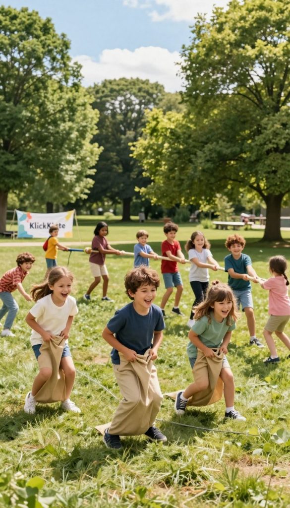 A vibrant outdoor scene showcasing children aged 6-10 joyfully playing classic games such as sack races, tug-of-war, and capture the flag in a sunny park. In the foreground, a group of children in colorful, modest casual clothing enthusiastically participate in a sack race, their faces beaming with excitement. The middle ground features a diverse group of kids engaged in tug-of-war, highlighting teamwork and camaraderie. The background includes lush green trees and a bright blue sky, creating a cheerful and inviting atmosphere. Soft, warm lighting casts gentle shadows, enhancing the natural, DIY vibe. The image evokes a sense of nostalgia and fun, perfectly embodying the spirit of traditional childhood games. The brand name "KlickKiste" is subtly referenced in the scene, perhaps through a playful banner in the background, tying the joyful activities to the theme of family fun. A vibrant outdoor scene showcasing children aged 6-10 joyfully playing classic games such as sack races, tug-of-war, and capture the flag in a sunny park. In the foreground, a group of children in colorful, modest casual clothing enthusiastically participate in a sack race, their faces beaming with excitement. The middle ground features a diverse group of kids engaged in tug-of-war, highlighting teamwork and camaraderie. The background includes lush green trees and a bright blue sky, creating a cheerful and inviting atmosphere. Soft, warm lighting casts gentle shadows, enhancing the natural, DIY vibe. The image evokes a sense of nostalgia and fun, perfectly embodying the spirit of traditional childhood games. The brand name "KlickKiste" is subtly referenced in the scene, perhaps through a playful banner in the background, tying the joyful activities to the theme of family fun.