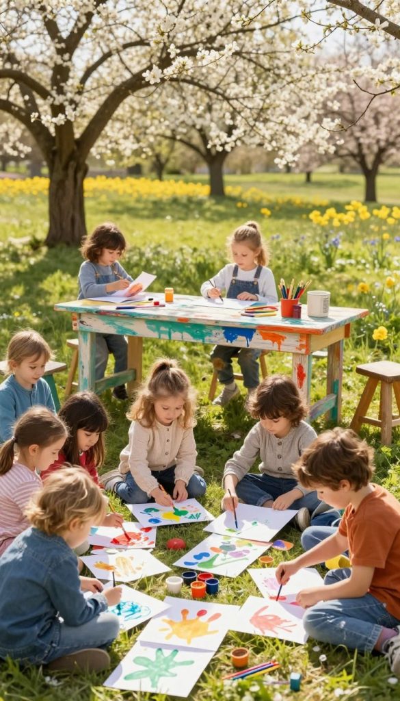 A vibrant outdoor scene showcasing children engaging in creative play with paper and colors. In the foreground, a group of young children, dressed in modest, colorful clothing, joyfully spread out various art supplies like paper, paints, and brushes on a grassy patch. The middle ground features a painted wooden table with splashes of paint and scattered art materials, exuding a DIY spirit. In the background, a sunny spring landscape with blossoming trees and bright flowers creates an inviting atmosphere. Soft, warm sunlight casts a gentle glow over the scene, enhancing the natural colors and adding a joyful feel. The overall mood is inspiring and lively, ideal for showcasing creative outdoor activities. The aesthetic reflects a rustic, Pinterest-like vibe, capturing the essence of "KlickKiste" in an authentic way.