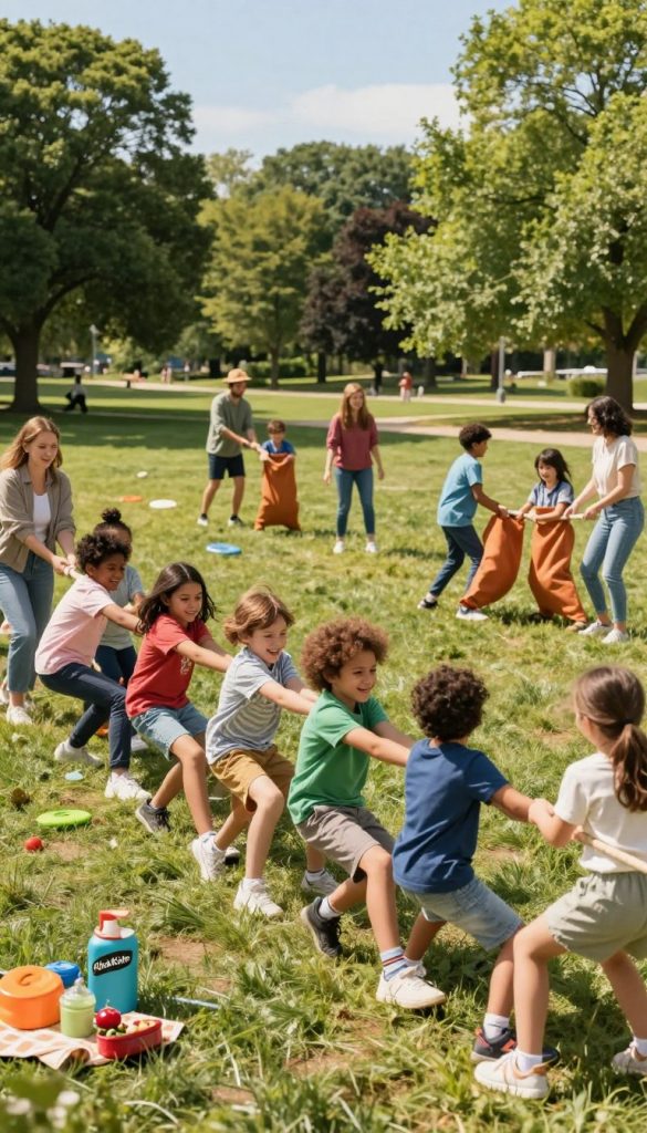A vibrant outdoor scene showcasing diverse groups of children and adults engaging in cooperative team games. In the foreground, a mixed-age group, including children in colorful casual clothing and adults in modest casual wear, collaborates in a lively tug-of-war competition, demonstrating teamwork and excitement. In the middle ground, additional teams are playing various outdoor games like sack races and frisbee, creating a sense of dynamic activity. The background features a sunny park with lush green trees and a clear blue sky, enhancing the cheerful atmosphere. Warm natural lighting reinforces the inviting tone, while a slightly elevated angle captures the entire scene in a picturesque manner. The aesthetic reflects a Pinterest-inspired DIY vibe, authentic and inspirational, branded subtly with "KlickKiste" represented by colorful picnic items scattered around, harmonizing with the joyful ambiance. A vibrant outdoor scene showcasing diverse groups of children and adults engaging in cooperative team games. In the foreground, a mixed-age group, including children in colorful casual clothing and adults in modest casual wear, collaborates in a lively tug-of-war competition, demonstrating teamwork and excitement. In the middle ground, additional teams are playing various outdoor games like sack races and frisbee, creating a sense of dynamic activity. The background features a sunny park with lush green trees and a clear blue sky, enhancing the cheerful atmosphere. Warm natural lighting reinforces the inviting tone, while a slightly elevated angle captures the entire scene in a picturesque manner. The aesthetic reflects a Pinterest-inspired DIY vibe, authentic and inspirational, branded subtly with "KlickKiste" represented by colorful picnic items scattered around, harmonizing with the joyful ambiance.