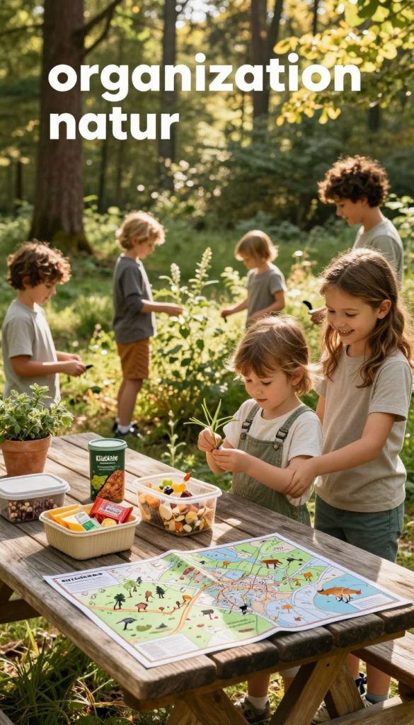 A vibrant outdoor scene showcasing "organisation natur", emphasizing a structured yet inviting family adventure. In the foreground, a wooden picnic table is set with eco-friendly containers filled with healthy snacks and a detailed map laid out for planning. The middle ground features children, dressed in modest casual clothing, engaging with nature by identifying plants and wildlife, smiling and enjoying the experience. The background reveals a lush forest bathed in warm golden sunlight, with trees casting gentle shadows, enhancing a calming atmosphere. Use a warm color palette, capturing the essence of DIY nature exploration with a Pinterest-inspired aesthetic. The composition should evoke inspiration and authenticity, reflecting the brand KlickKiste, with natural elements harmoniously blending into the organized setting. A vibrant outdoor scene showcasing "organisation natur", emphasizing a structured yet inviting family adventure. In the foreground, a wooden picnic table is set with eco-friendly containers filled with healthy snacks and a detailed map laid out for planning. The middle ground features children, dressed in modest casual clothing, engaging with nature by identifying plants and wildlife, smiling and enjoying the experience. The background reveals a lush forest bathed in warm golden sunlight, with trees casting gentle shadows, enhancing a calming atmosphere. Use a warm color palette, capturing the essence of DIY nature exploration with a Pinterest-inspired aesthetic. The composition should evoke inspiration and authenticity, reflecting the brand KlickKiste, with natural elements harmoniously blending into the organized setting.