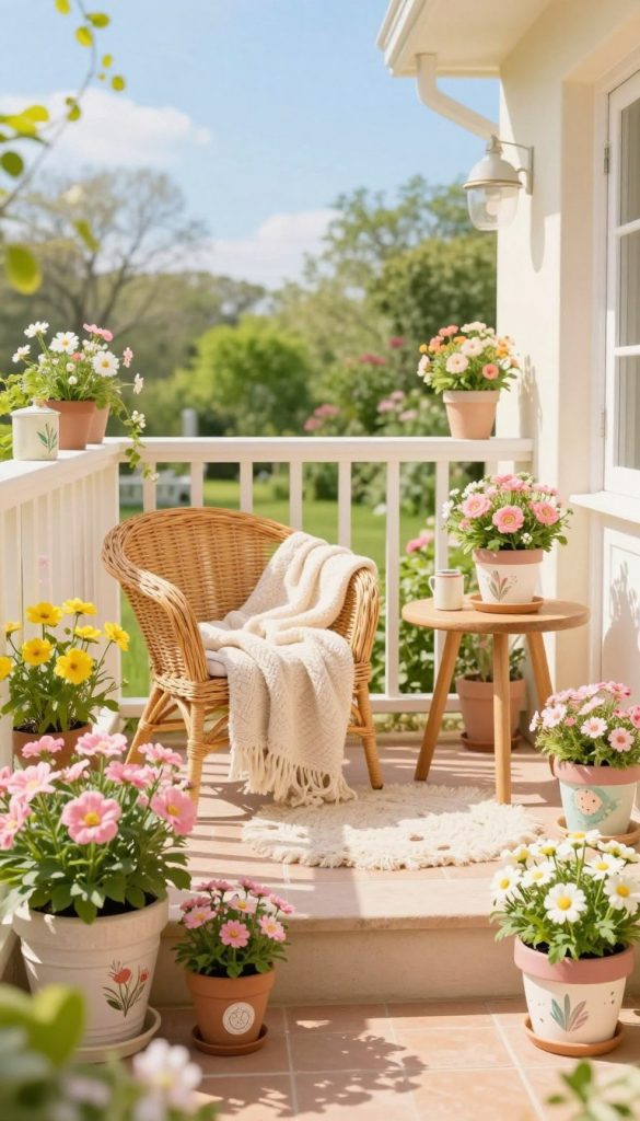 A vibrant outdoor spring scene featuring a beautifully decorated balcony and terrace, embellished with soft pastel tones. In the foreground, charming potted flowers in shades of pink, yellow, and white, with intricate DIY decorations including hand-painted pots. The middle layer shows a cozy sitting area with a wicker chair adorned with a light, textured throw blanket and a small wooden table with a charming floral centerpiece. The background includes a lush green garden and a bright blue sky, capturing the essence of spring. Soft, warm sunlight bathes the scene in a golden glow, creating an inviting and serene atmosphere. The overall mood is cheerful and inspirational, perfect for a DIY spring decor theme from KlickKiste, emphasizing natural aesthetics in a Pinterest-like style.