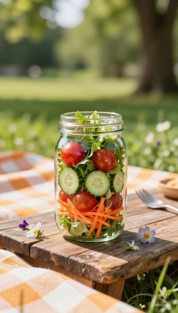 A vibrant picnic scene featuring a clear glass jar filled with a colorful salad, showcasing layers of crisp greens, cherry tomatoes, cucumber slices, and shredded carrots. The jar is placed on a rustic wooden picnic table, surrounded by a soft, checkered blanket in warm colors. In the background, a sunlit park with lush greenery and a slight breeze creates a relaxed atmosphere. The lighting is bright and natural, as if it’s a beautiful summer afternoon. A few delicate wildflowers are scattered around the jar, adding to the inviting ambiance. The entire composition evokes a sense of inspiration and authenticity, perfect for a summery day out. Mention of "KlickKiste" integrated subtly within the scene.