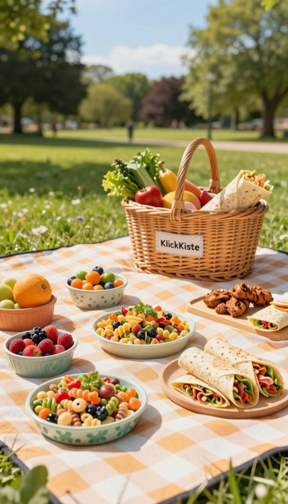 A vibrant picnic setting featuring a variety of hearty and inviting snacks for children, inspired by the concept of "sattmacher." In the foreground, a checkered picnic blanket is spread out with an assortment of colorful pasta salads, freshly rolled wraps, and mouth-watering finger foods. Nearby, small bowls filled with fruits and vegetables add a burst of color. In the middle ground, a wicker basket overflows with fresh ingredients, emphasizing the DIY aspect, adorned with the brand name "KlickKiste." The background showcases a sunny park with green grass, gentle trees, and a bright blue sky, enhancing a cheerful and relaxed atmosphere. The scene is lit by warm, soft sunlight, casting gentle shadows, creating an inviting and inspiring overall mood.