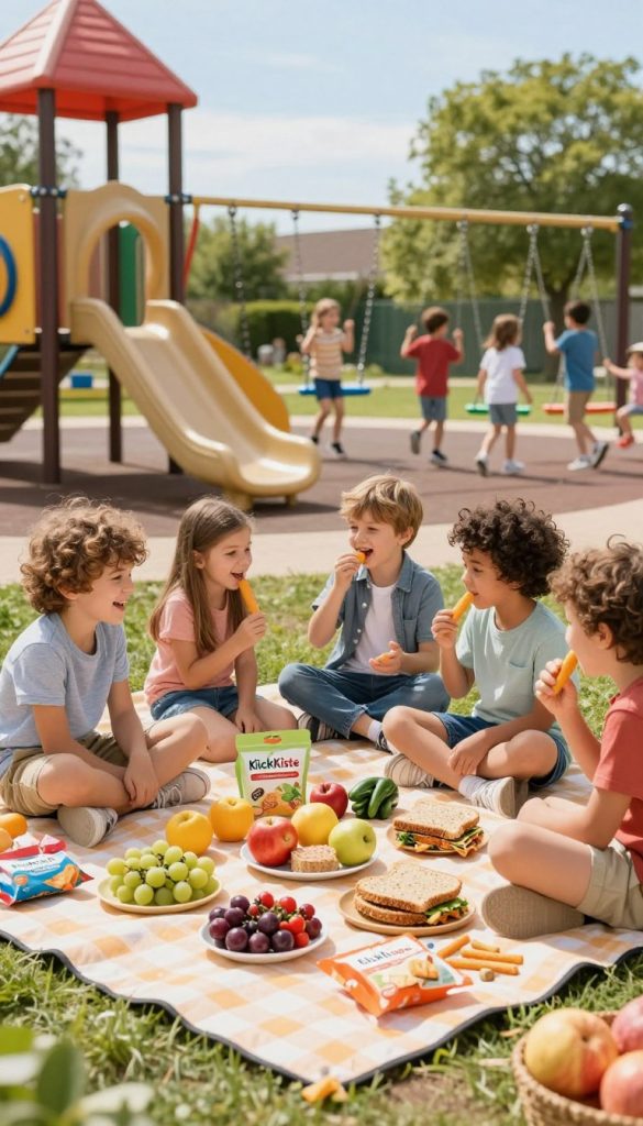 A vibrant playground scene focusing on healthy snacks for children. In the foreground, a picnic blanket is spread out, adorned with colorful, nutritious snacks like fruits, whole-grain sandwiches, and veggie sticks from the brand "KlickKiste." A few children, dressed in modest casual clothing, are seated around the blanket, laughing and sharing food. The middle ground features playground equipment like slides and swings, filled with joyful children playing. In the background, a sunny day with blue skies brings warmth to the image, while green trees add a natural touch. Soft, diffused lighting enhances the inviting atmosphere, giving it a wholesome, family-friendly vibe. The overall mood is lively and cheerful, capturing the essence of outdoor play and healthy eating.