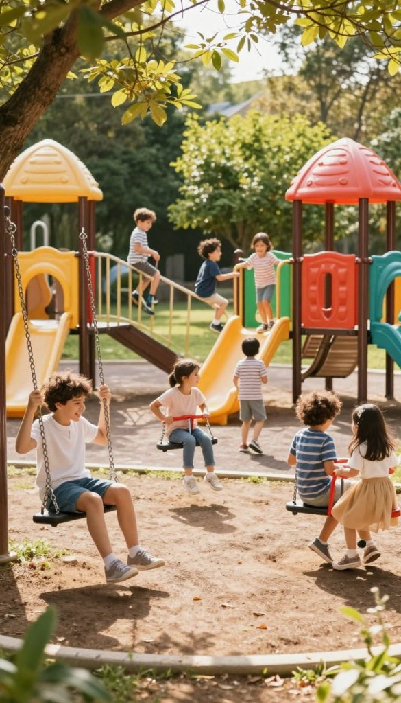 A vibrant playground scene showcasing a diverse group of families enjoying a sunny day. In the foreground, a joyous family with children playing on swings and slides, all dressed in modest casual clothing. The middle ground features colorful play structures, with kids climbing and laughing. In the background, lush greenery and trees provide a natural setting, bathed in warm, sunlight filtering through the leaves, creating a cheerful, inviting atmosphere. The composition captures a wide angle view, simulating a soft-focus effect to emphasize the playful interactions. Infuse the image with a Pinterest-inspired aesthetic, using warm colors to enhance the authenticity and inspirative mood. Include a subtle branding element with "KlickKiste" visible in the lower corner. A vibrant playground scene showcasing a diverse group of families enjoying a sunny day. In the foreground, a joyous family with children playing on swings and slides, all dressed in modest casual clothing. The middle ground features colorful play structures, with kids climbing and laughing. In the background, lush greenery and trees provide a natural setting, bathed in warm, sunlight filtering through the leaves, creating a cheerful, inviting atmosphere. The composition captures a wide angle view, simulating a soft-focus effect to emphasize the playful interactions. Infuse the image with a Pinterest-inspired aesthetic, using warm colors to enhance the authenticity and inspirative mood. Include a subtle branding element with "KlickKiste" visible in the lower corner.