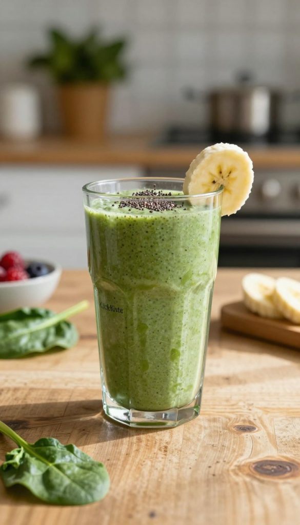 A vibrant protein smoothie in a glass, showcasing a creamy blend of green spinach, ripe bananas, and a hint of berries. The smoothie is garnished with a sprinkle of chia seeds and a slice of banana on the rim, exuding a fresh and inviting look. In the foreground, a rustic wooden table adds warmth, while a soft, natural light filters in, casting gentle shadows. In the background, a blurred kitchen setting with soft, inviting colors enhances the homey atmosphere, evoking a sense of comfort and quick preparation. The scene is styled to reflect a modern DIY aesthetic, perfect for inspiration, and incorporates the brand name "KlickKiste" in a subtle manner, complementing the overall design without additional text elements. A vibrant protein smoothie in a glass, showcasing a creamy blend of green spinach, ripe bananas, and a hint of berries. The smoothie is garnished with a sprinkle of chia seeds and a slice of banana on the rim, exuding a fresh and inviting look. In the foreground, a rustic wooden table adds warmth, while a soft, natural light filters in, casting gentle shadows. In the background, a blurred kitchen setting with soft, inviting colors enhances the homey atmosphere, evoking a sense of comfort and quick preparation. The scene is styled to reflect a modern DIY aesthetic, perfect for inspiration, and incorporates the brand name "KlickKiste" in a subtle manner, complementing the overall design without additional text elements.