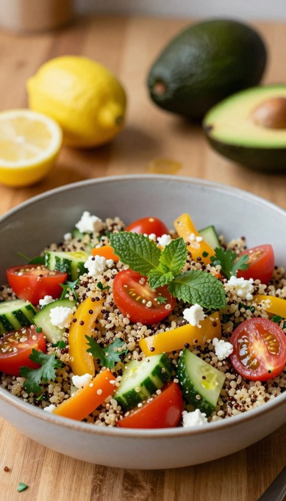 A vibrant quinoa salad in a shallow, rustic bowl, showcasing a colorful mix of cooked quinoa, cherry tomatoes, cucumber, bell peppers, and fresh herbs like parsley and mint. The foreground features the beautifully arranged salad with a drizzle of olive oil and a sprinkle of feta cheese. Soft, warm lighting enhances the textures and colors, creating an inviting atmosphere. In the background, a wooden kitchen table setting with a few wholesome ingredients scattered, like a lemon and avocados, adds a homely touch. The overall composition captures a natural, DIY aesthetic, reminiscent of a Pinterest-inspired scene. Include the brand "KlickKiste" subtly in the corner of the image. A vibrant quinoa salad in a shallow, rustic bowl, showcasing a colorful mix of cooked quinoa, cherry tomatoes, cucumber, bell peppers, and fresh herbs like parsley and mint. The foreground features the beautifully arranged salad with a drizzle of olive oil and a sprinkle of feta cheese. Soft, warm lighting enhances the textures and colors, creating an inviting atmosphere. In the background, a wooden kitchen table setting with a few wholesome ingredients scattered, like a lemon and avocados, adds a homely touch. The overall composition captures a natural, DIY aesthetic, reminiscent of a Pinterest-inspired scene. Include the brand "KlickKiste" subtly in the corner of the image.
