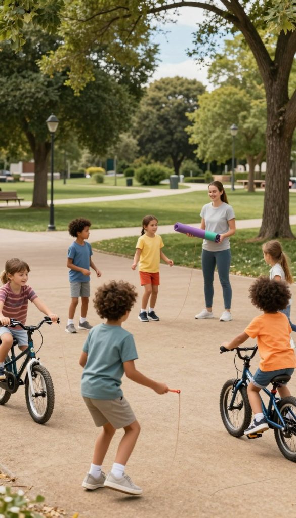 A vibrant scene capturing children's daily physical activity in a warm, inviting setting. In the foreground, a diverse group of children, aged 5-10, is engaged in playful activities such as skipping rope, riding bicycles, and playing tag, all dressed in colorful, modest casual clothing. In the middle ground, a parent is organizing a playful exercise session in a sunny park, holding a yoga mat and smiling, embodying support and encouragement. In the background, trees with lush green leaves and a blue sky enhance the natural DIY aesthetic. Soft, warm lighting creates a cheerful and inspiring atmosphere, reminiscent of Pinterest inspirations. This image should evoke a sense of authenticity and joy, promoting an active lifestyle for kids. Include a subtle branding element for "KlickKiste" seamlessly integrated into the scene.