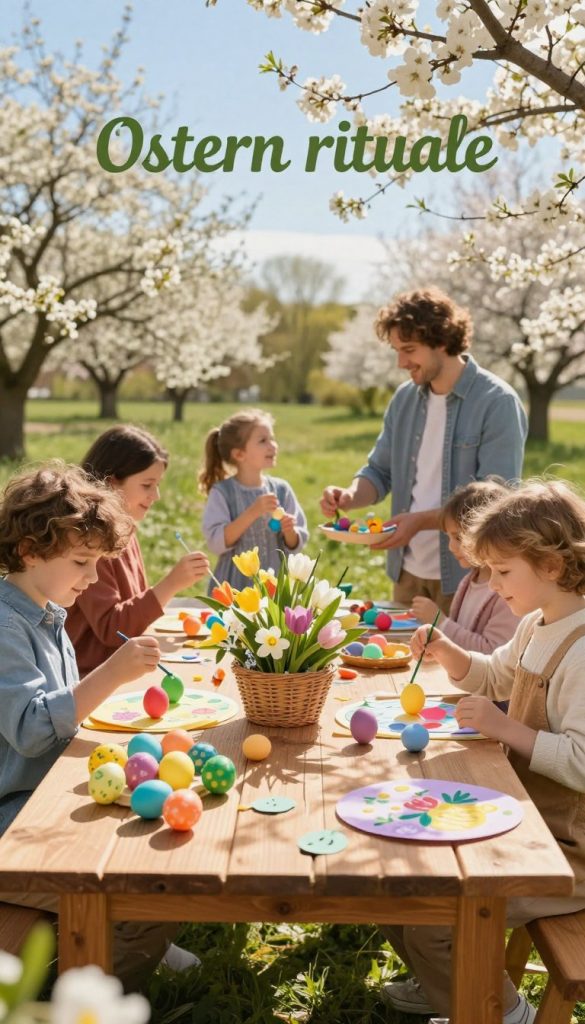 A vibrant scene depicting an "Ostern rituale" celebration in a picturesque outdoor setting, reflecting the essence of spring. In the foreground, a wooden table adorned with colorful Easter eggs, spring flowers, and handmade decorations, capturing a warm, inviting atmosphere. Middle ground features families enjoying their time together, dressed in modest casual clothing, smiling and engaged in activities like egg painting and basket making. The background showcases gently blooming trees and a clear blue sky, enhancing the seasonal joy. Soft, golden sunlight illuminates the scene, creating uplifting shadows that add depth. The overall mood is cheerful and inspiring, reminiscent of a Pinterest-inspired DIY aesthetic for families. Include subtle branding elements for "KlickKiste" in the decorations.
