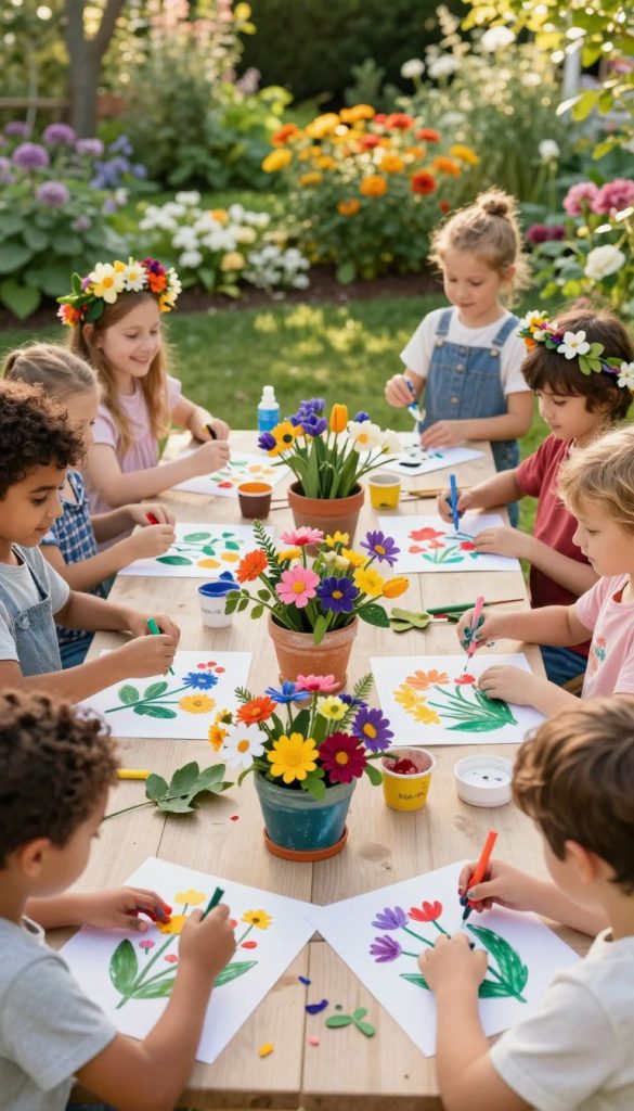 A vibrant scene depicting children engaged in creative nature flower crafts, showcasing their joyful expressions. In the foreground, a diverse group of kids, dressed in comfortable yet modest clothing, are working on floral art projects using various colorful flowers and leaves, with hands covered in paint and glue. The middle ground features an array of completed crafts like flower crowns and painted pots, surrounded by natural materials. In the background, a lush garden with bright blooms and greenery creates a warm, inviting atmosphere. The lighting is soft and golden, reminiscent of a sunny afternoon, enhancing the cheerful mood. The image embodies an inspiring and authentic Pinterest aesthetic, capturing the essence of creativity and nature under the brand "KlickKiste".