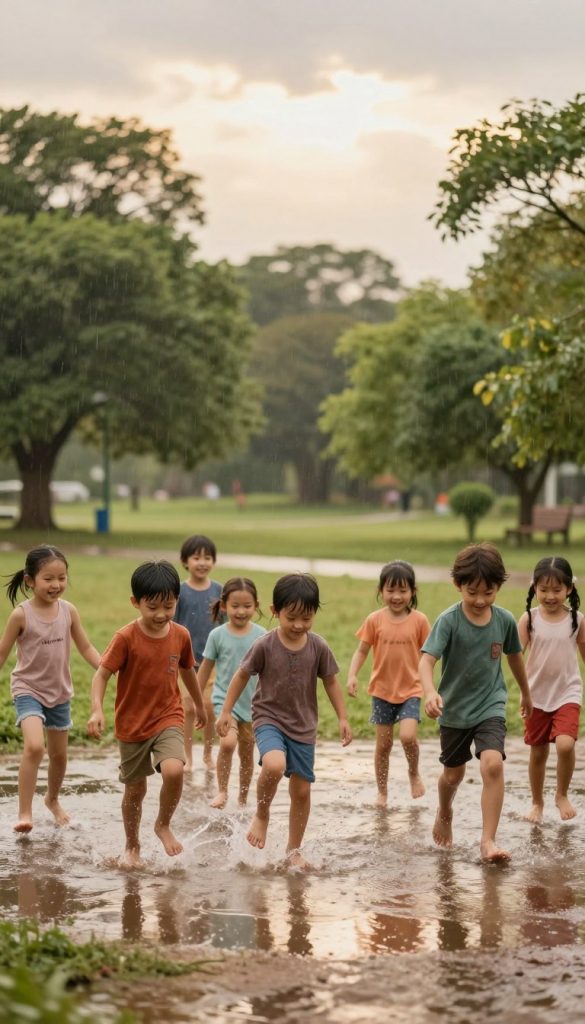 A vibrant scene depicting children joyfully playing in puddles after a rainstorm, showcasing the fun and exploration of nature. In the foreground, a diverse group of kids, dressed in colorful, modest clothing, splashes water as they jump between puddles, their smiles radiating excitement. The middle ground features a lush green park with trees and playful foliage, while the background captures a soft-focus sky, with gentle sunlight breaking through clouds, creating a warm and inviting atmosphere. The image should convey a sense of freedom and joy, emphasizing the natural beauty of the environment. Utilize warm, earthy tones and a slightly blurred lens effect for a dreamy, Pinterest-inspired aesthetic, capturing the essence of children's water play. Include the brand name "KlickKiste" subtly integrated into the scenery.