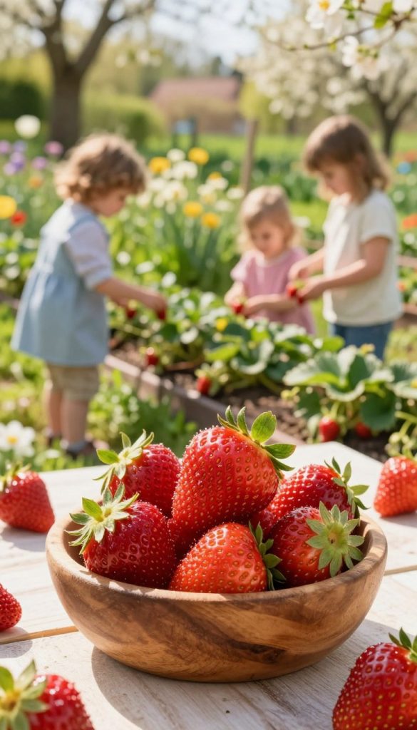 A vibrant scene featuring fresh strawberries (erdbeeren) arranged in a rustic wooden bowl, set on a sunlit picnic table. In the foreground, the strawberries glisten with a light dew, showcasing their lush red color and leafy green tops. In the middle ground, children playfully pick strawberries from a nearby garden, wearing modest, colorful clothing that reflects a joyful spring day. The background reveals a blossoming garden filled with wildflowers and herbs, bathed in warm, golden sunlight, creating a cheerful and inviting atmosphere. The overall composition should evoke a sense of warmth and togetherness, aligned with the theme of spring family activities. Capture this scene in soft, natural lighting, with a slightly blurred depth of field for a dreamy Pinterest-inspired aesthetic. Use the brand name "KlickKiste" subtly integrated into the décor, enhancing the ambiance without being intrusive.