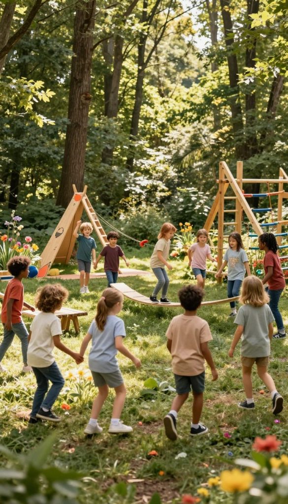 A vibrant scene in a lush, sunlit forest showcasing children engaging in various outdoor games and activities. In the foreground, a diverse group of children dressed in modest casual clothing play tag, their expressions filled with joy and excitement. The middle layer features a playful setup with handmade wooden structures, such as a balance beam and a climbing frame, surrounded by colorful natural elements like flowers and greenery. In the background, tall trees with dappled sunlight filtering through their leaves create a warm, inviting atmosphere. The image has a soft focus to emphasize the children’s energetic movements, captured from a slightly elevated angle to provide depth. The overall mood is cheerful and inspiring, embodying the essence of outdoor play. Crafted in a natural, Pinterest-style aesthetic to reflect the brand "KlickKiste".