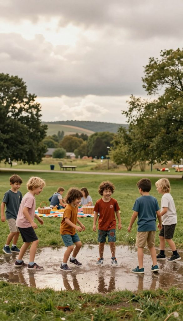 A vibrant scene of children joyfully playing outdoors despite overcast weather, featuring a grassy park with puddles reflecting the cloudy sky. In the foreground, a diverse group of children in colorful, modest outdoor clothing engage in a playful game, splashing through puddles and laughing. The middle ground showcases a colorful picnic setup with blankets and a basket, hinting at a cozy gathering, while the background includes green trees and soft, rolling hills under a dramatic sky. Soft, natural lighting highlights the warmth of their laughter and the splashes of water, creating an inviting atmosphere. The overall composition should have a Pinterest-inspired aesthetic with warm tones, capturing the essence of spontaneous outdoor fun, as featured by the brand "KlickKiste".