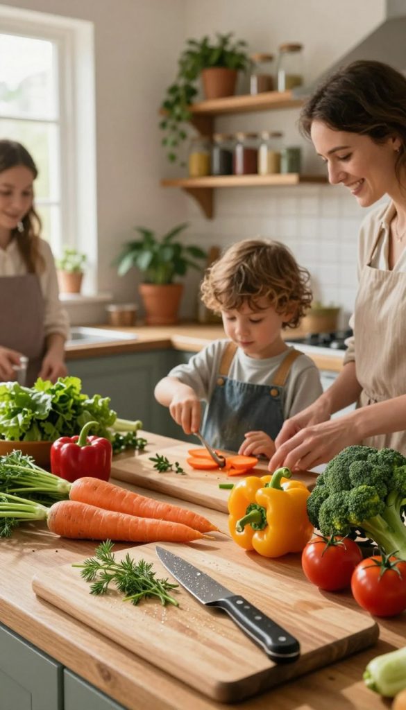 A vibrant scene showcasing a variety of fresh, colorful vegetables, including carrots, bell peppers, broccoli, and cherry tomatoes, artfully arranged in a cozy, sunlit kitchen. In the foreground, a wooden cutting board adorned with herbs and a knife glistening with dew adds to the inviting atmosphere. In the middle ground, a child with modest casual clothing eagerly participates in a fun cooking activity, surrounded by parent figures also dressed casually, cultivating a sense of togetherness and learning. The background features rustic shelves filled with jars of spices and potted plants, enhancing the organic, sustainable vibe. Soft, warm lighting filters through a window, casting gentle shadows and creating a peaceful ambiance. This image reflects the essence of sustainable rituals with children, inspired by the brand KlickKiste's philosophy of authenticity and inspiration.