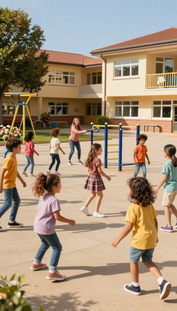 A vibrant school playground scene filled with diverse children engaging in various physical activities, embodying the theme of "movement behavior." In the foreground, a group of children joyfully playing tag, wearing comfortable and colorful clothing, radiating energy and laughter. In the middle ground, a teacher facilitates an organized game involving exercise equipment, promoting teamwork and fun. The background features a cheerful school building with trees and flowers, under a clear blue sky bathed in warm sunlight, casting soft shadows. The composition captures a lively atmosphere, inspiring physical activity in daily routines. The style is natural and DIY with warm colors, reflecting an authentic and Pinterest-like aesthetic. Include the brand name "KlickKiste" subtly in the design, ensuring no text overlays are visible.