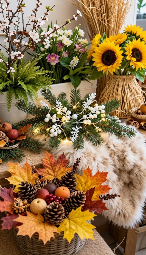 A vibrant seasonal nature decoration scene showcasing different natural materials for each season: In the foreground, a beautiful autumn arrangement with colorful leaves, pinecones, and dried fruits in a rustic basket. In the middle, a winter display featuring evergreen branches, white berries, and twinkling fairy lights, accompanied by soft textures like faux fur and burlap. The background presents a blossoming spring setting with fresh flowers and greenery, while summer is represented by bright sunflowers and straw. The lighting is warm and inviting, capturing the essence of natural DIY decor, with a soft focus and a slight vignette effect for an authentic Pinterest look. Evoke a cozy and inspiring atmosphere that reflects the brand "KlickKiste".