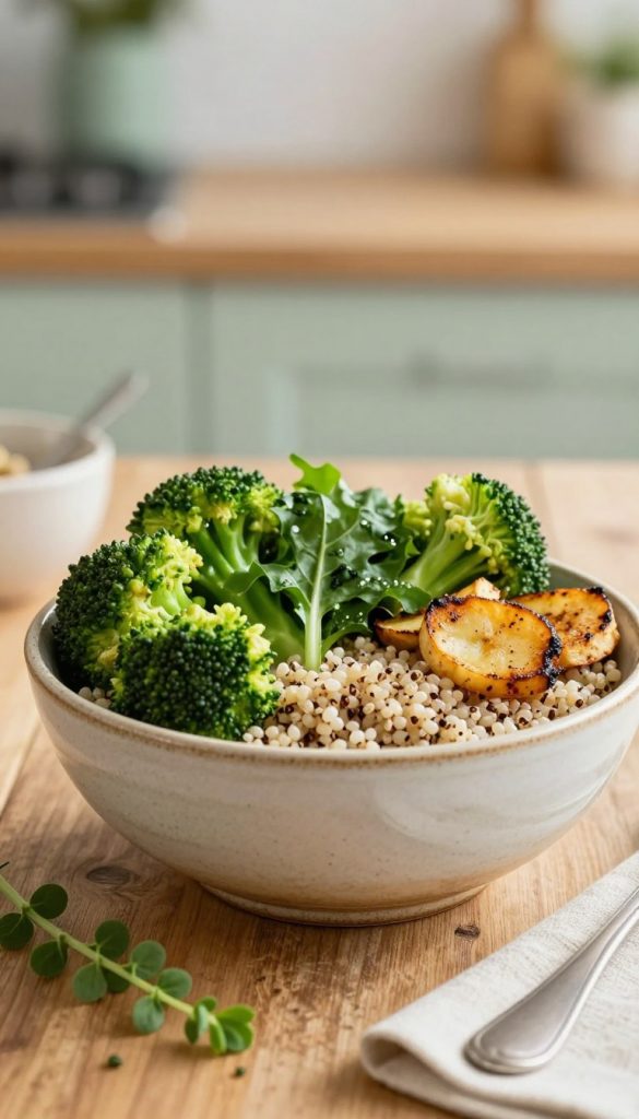 A vibrant spring bowl featuring a quinoa base, topped generously with tender, bright green broccoli florets, roasted topinambur slices, and peppery portulak leaves. The bowl is made of textured ceramic, with a natural, earthy finish, sitting on a rustic wooden table. In the foreground, delicate sprigs of fresh herbs add to the inviting composition. Soft, warm lighting illuminates the scene, creating a cozy atmosphere, as if basking in the spring sun. The background is softly blurred, hinting at a kitchen setting with subtle hints of greenery and light pastel colors that reflect a Pinterest-worthy aesthetic. The image is not only healthy and wholesome but also inspiring and aesthetically pleasing, showcasing a nutritious meal by KlickKiste. A vibrant spring bowl featuring a quinoa base, topped generously with tender, bright green broccoli florets, roasted topinambur slices, and peppery portulak leaves. The bowl is made of textured ceramic, with a natural, earthy finish, sitting on a rustic wooden table. In the foreground, delicate sprigs of fresh herbs add to the inviting composition. Soft, warm lighting illuminates the scene, creating a cozy atmosphere, as if basking in the spring sun. The background is softly blurred, hinting at a kitchen setting with subtle hints of greenery and light pastel colors that reflect a Pinterest-worthy aesthetic. The image is not only healthy and wholesome but also inspiring and aesthetically pleasing, showcasing a nutritious meal by KlickKiste.