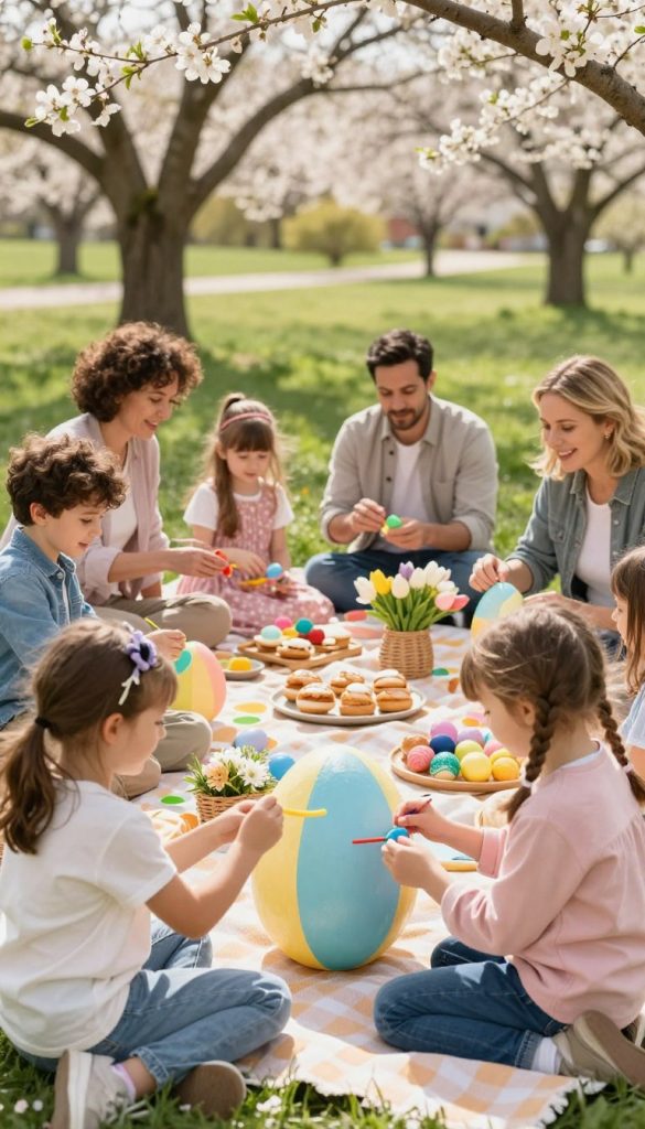 A vibrant spring celebration scene capturing diverse families participating in traditional outdoor activities. In the foreground, children joyfully decorating a large colorful Easter egg, while parents assist and smile, dressed in casual, modest clothing. The middle layer features a picnic blanket adorned with homemade pastries and fresh flowers, reflecting DIY creativity. In the background, blossoming trees and soft sunlight filter through the leaves, creating a warm, inviting atmosphere. The overall composition should have a harmonious Pinterest-inspired aesthetic with pastel colors and natural elements. Soft lighting enhances the joyful mood, showcasing a sense of community and connection. Include subtle branding elements from "KlickKiste" to highlight the DIY theme, ensuring the image is authentic and inspiring.